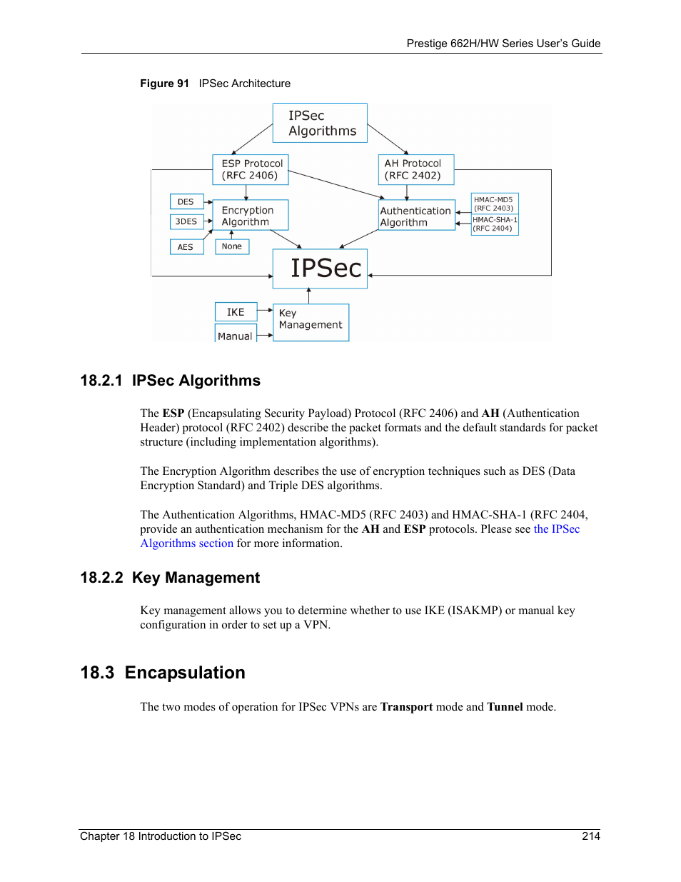 1 ipsec algorithms, 2 key management, 3 encapsulation | 1 ipsec algorithms 18.2.2 key management, Figure 91 ipsec architecture | ZyXEL Communications 662HW Series User Manual | Page 214 / 563