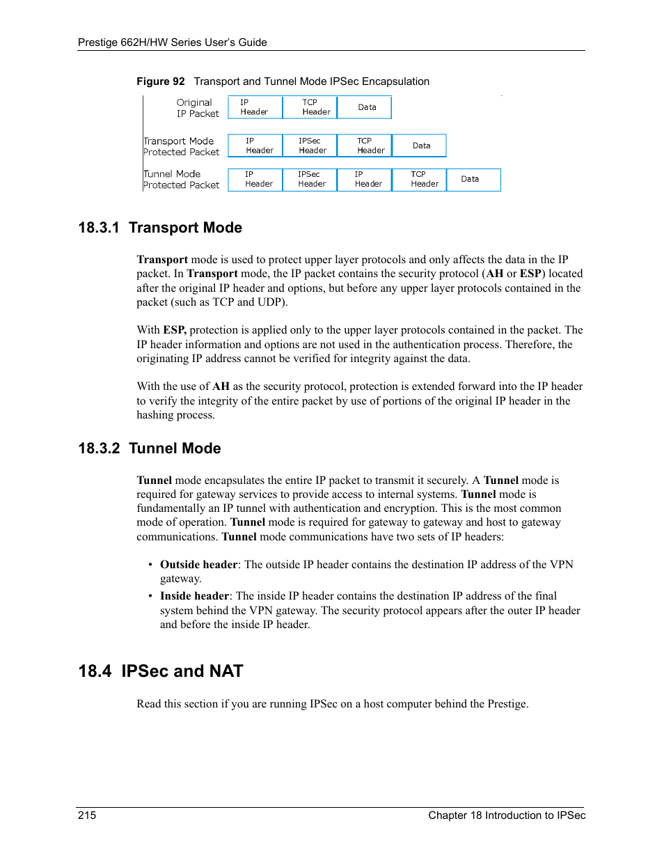 1 transport mode, 2 tunnel mode, 4 ipsec and nat | 1 transport mode 18.3.2 tunnel mode | ZyXEL Communications 662HW Series User Manual | Page 215 / 563
