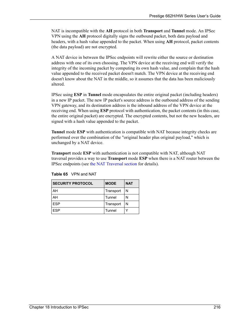 Table 65 vpn and nat | ZyXEL Communications 662HW Series User Manual | Page 216 / 563