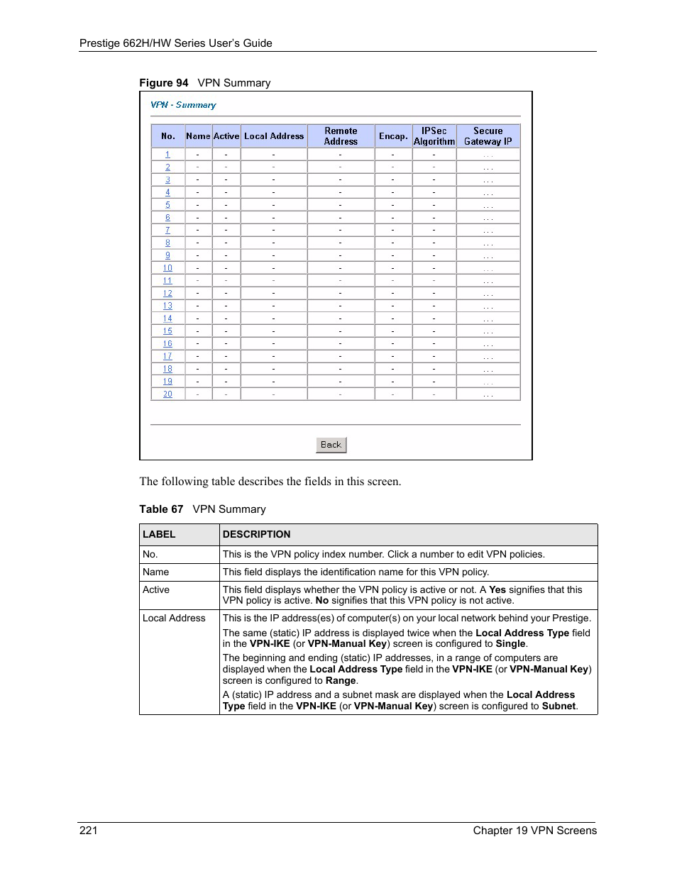 Figure 94 vpn summary, Table 67 vpn summary | ZyXEL Communications 662HW Series User Manual | Page 221 / 563