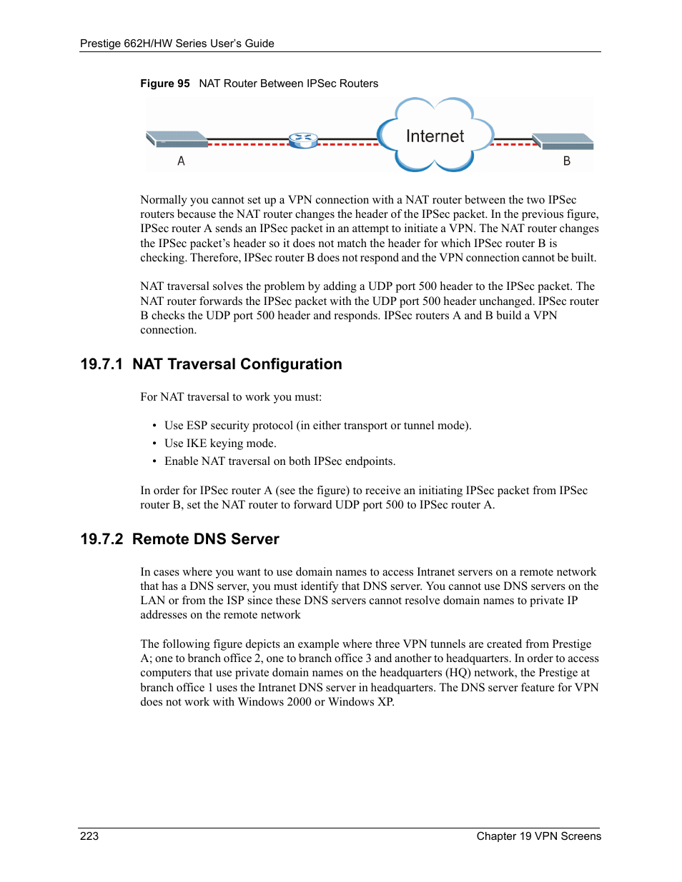 1 nat traversal configuration, 2 remote dns server, Figure 95 nat router between ipsec routers | ZyXEL Communications 662HW Series User Manual | Page 223 / 563