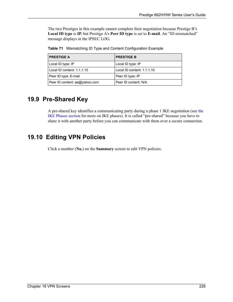 9 pre-shared key, 10 editing vpn policies, 9 pre-shared key 19.10 editing vpn policies | ZyXEL Communications 662HW Series User Manual | Page 226 / 563
