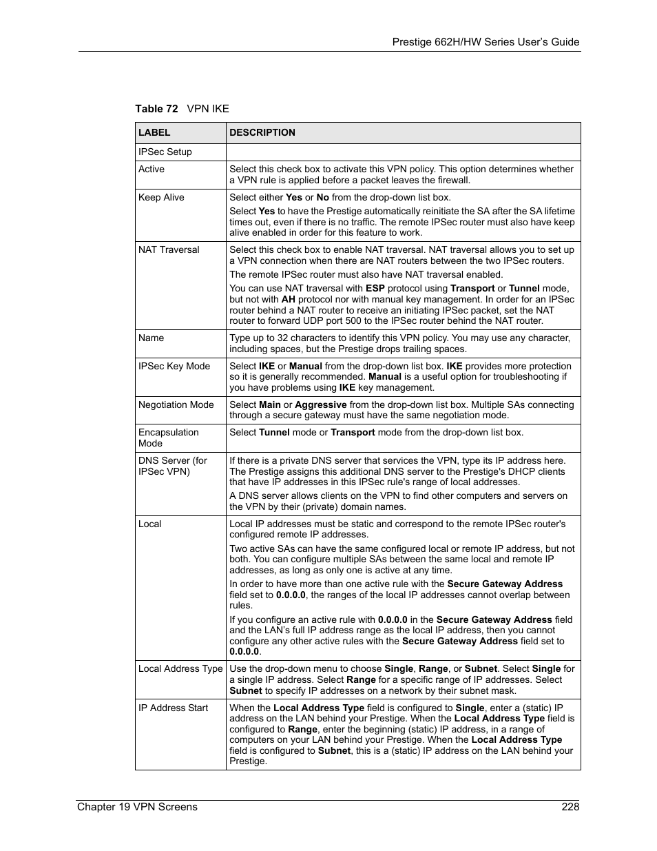 Table 72 vpn ike | ZyXEL Communications 662HW Series User Manual | Page 228 / 563
