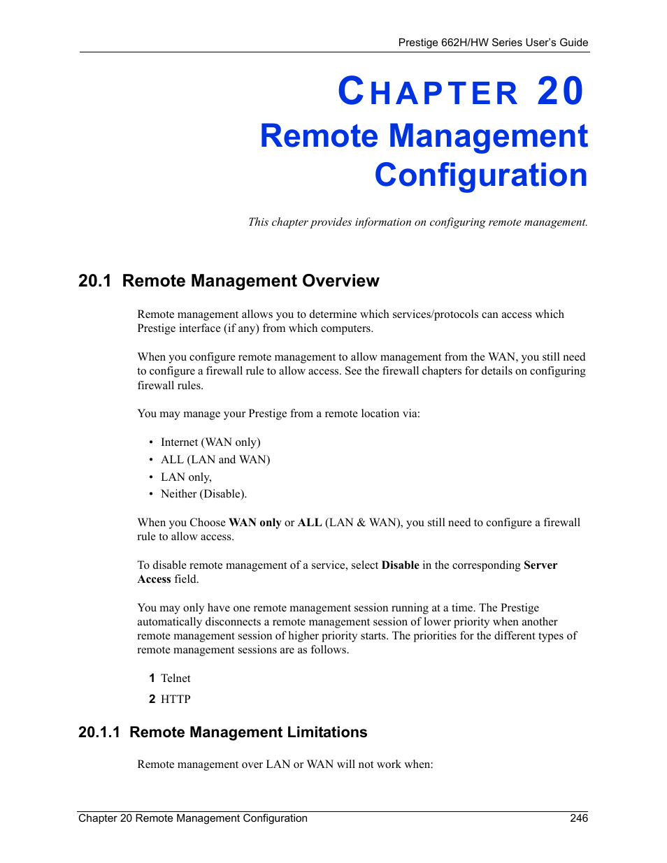 Remote management configuration, 1 remote management overview, 1 remote management limitations | Chapter 20 remote management configuration | ZyXEL Communications 662HW Series User Manual | Page 246 / 563