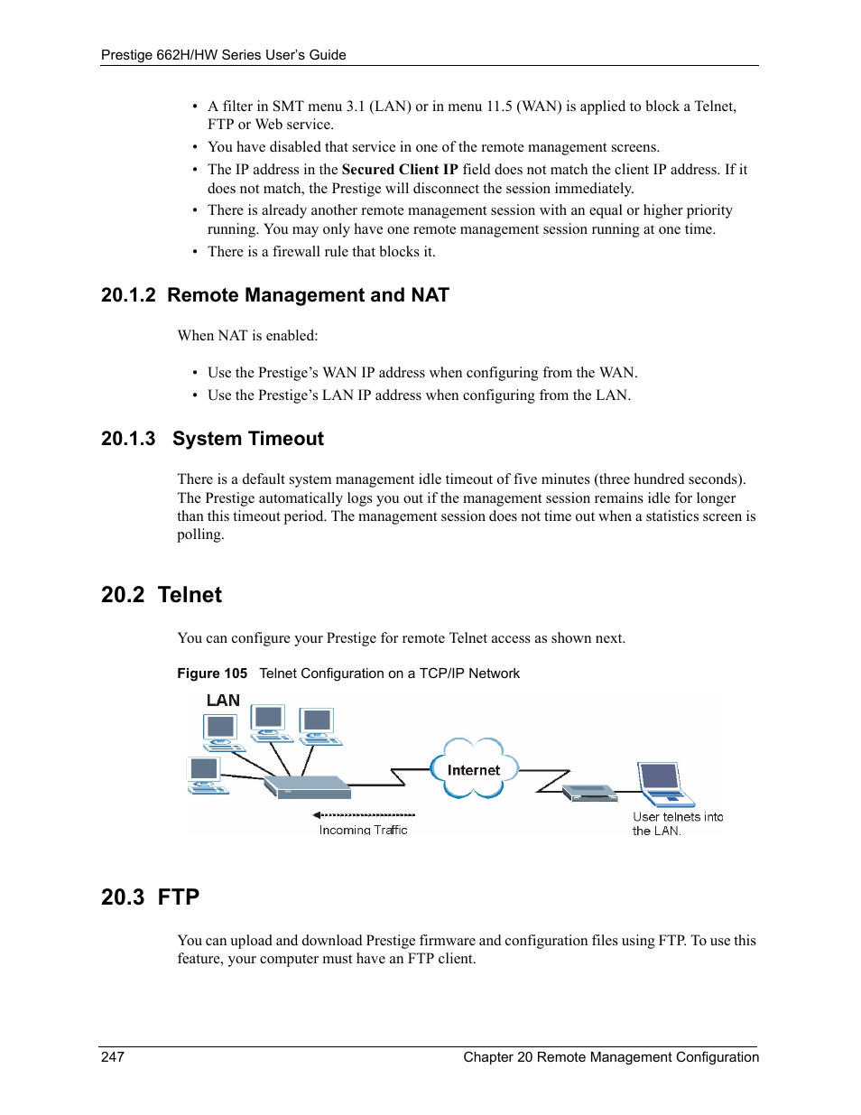 2 remote management and nat, 3 system timeout, 2 telnet | 3 ftp, 2 remote management and nat 20.1.3 system timeout, 2 telnet 20.3 ftp | ZyXEL Communications 662HW Series User Manual | Page 247 / 563