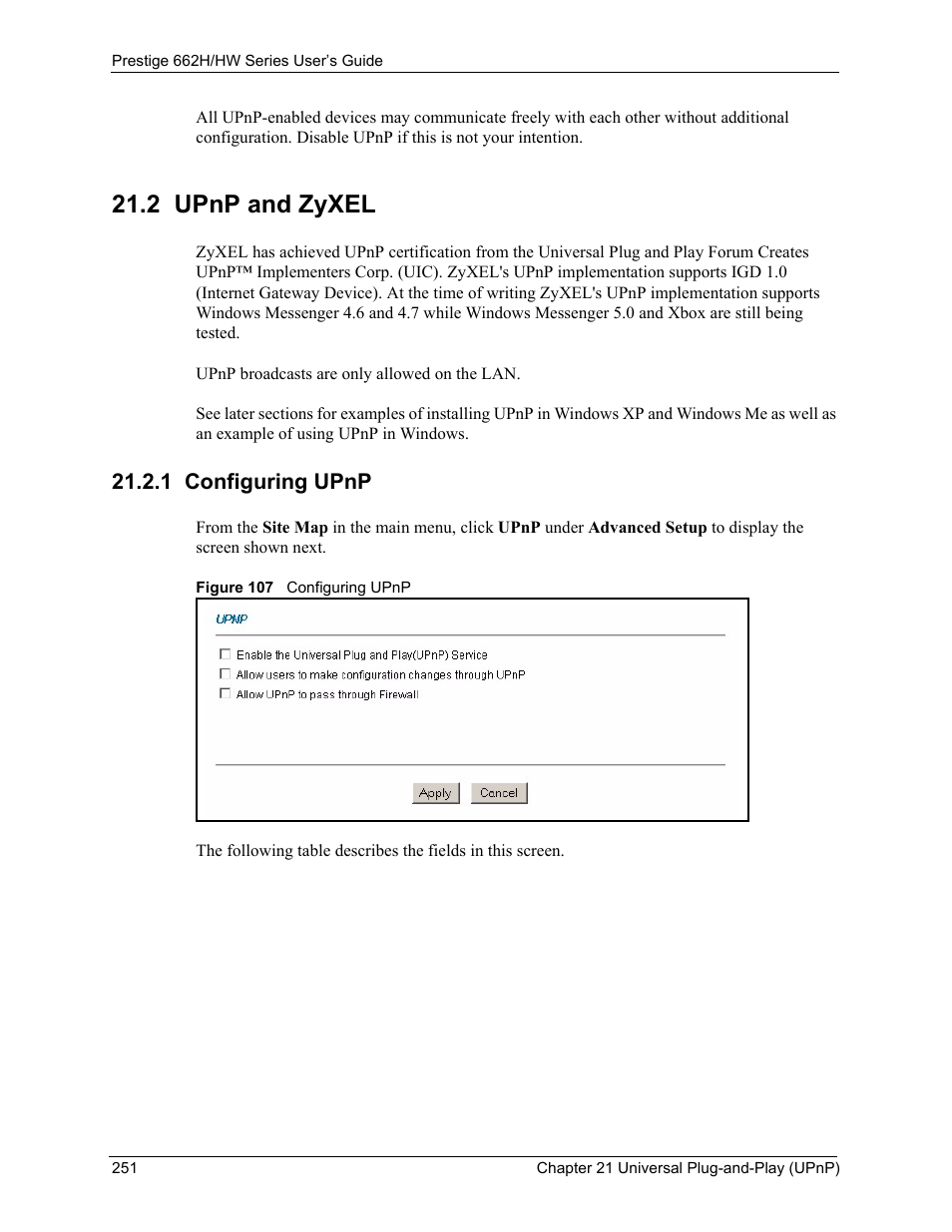 2 upnp and zyxel, 1 configuring upnp, Figure 107 configuring upnp | ZyXEL Communications 662HW Series User Manual | Page 251 / 563