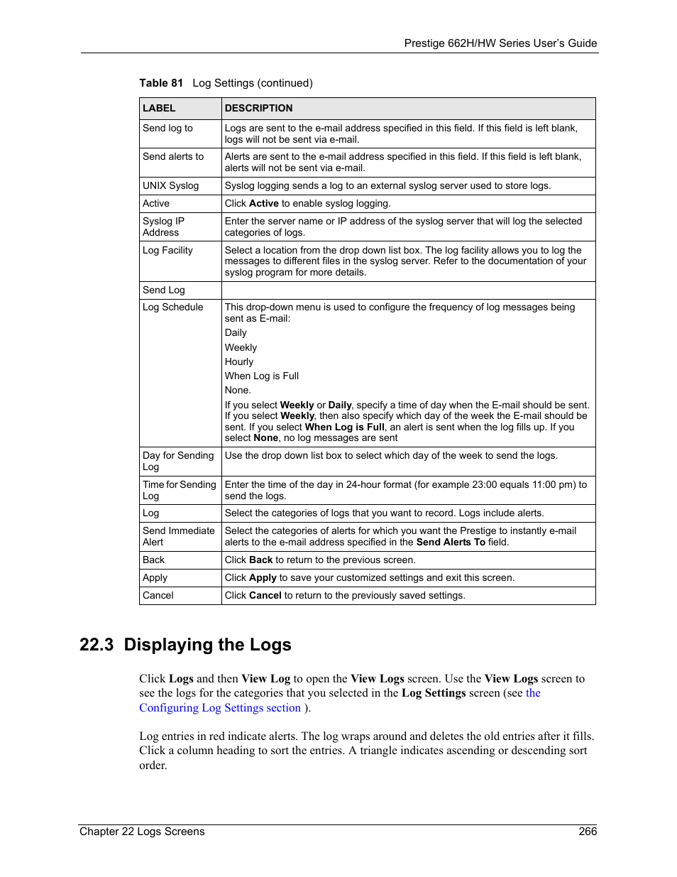 3 displaying the logs | ZyXEL Communications 662HW Series User Manual | Page 266 / 563