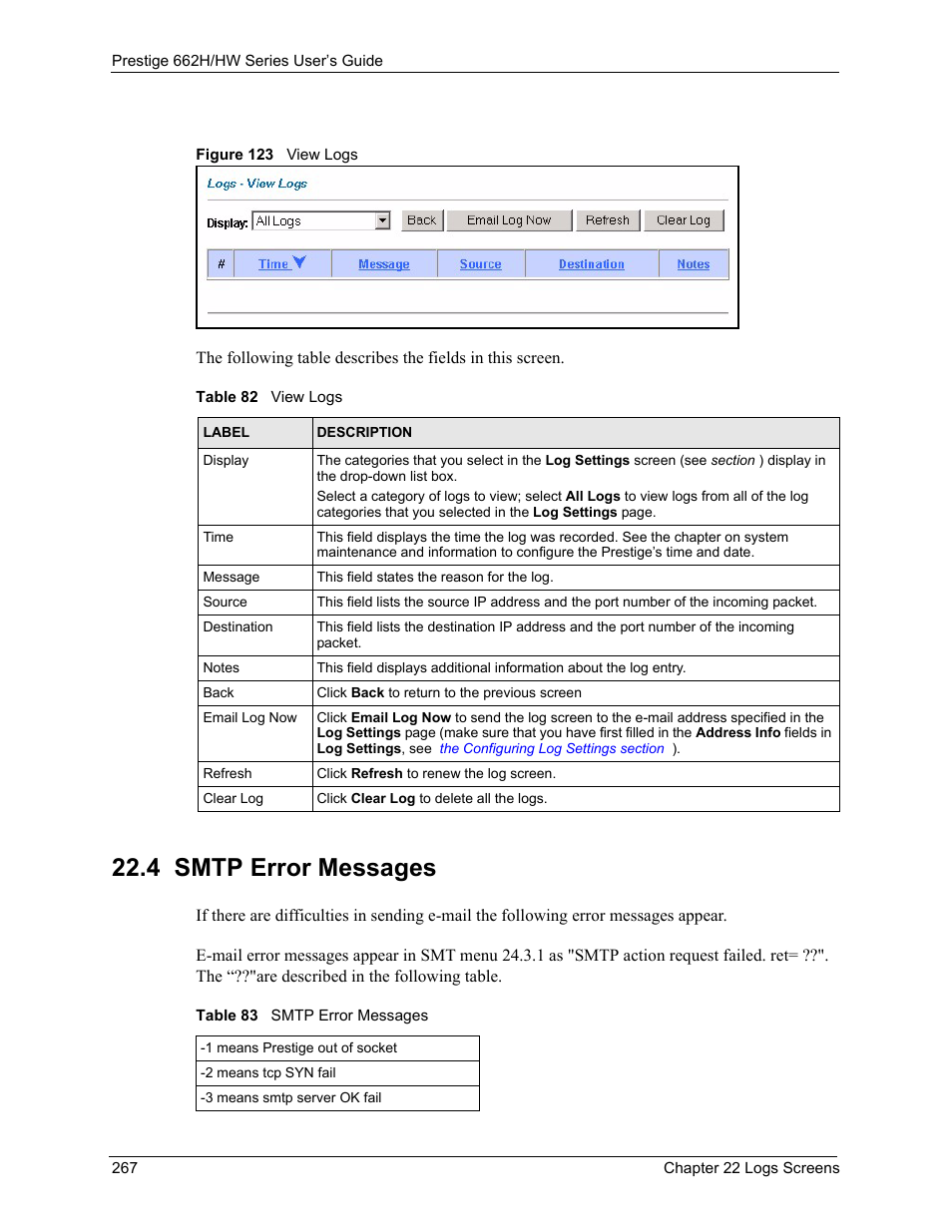 4 smtp error messages, Figure 123 view logs, Table 82 view logs table 83 smtp error messages | ZyXEL Communications 662HW Series User Manual | Page 267 / 563