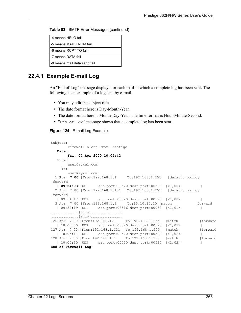 1 example e-mail log, Figure 124 e-mail log example | ZyXEL Communications 662HW Series User Manual | Page 268 / 563