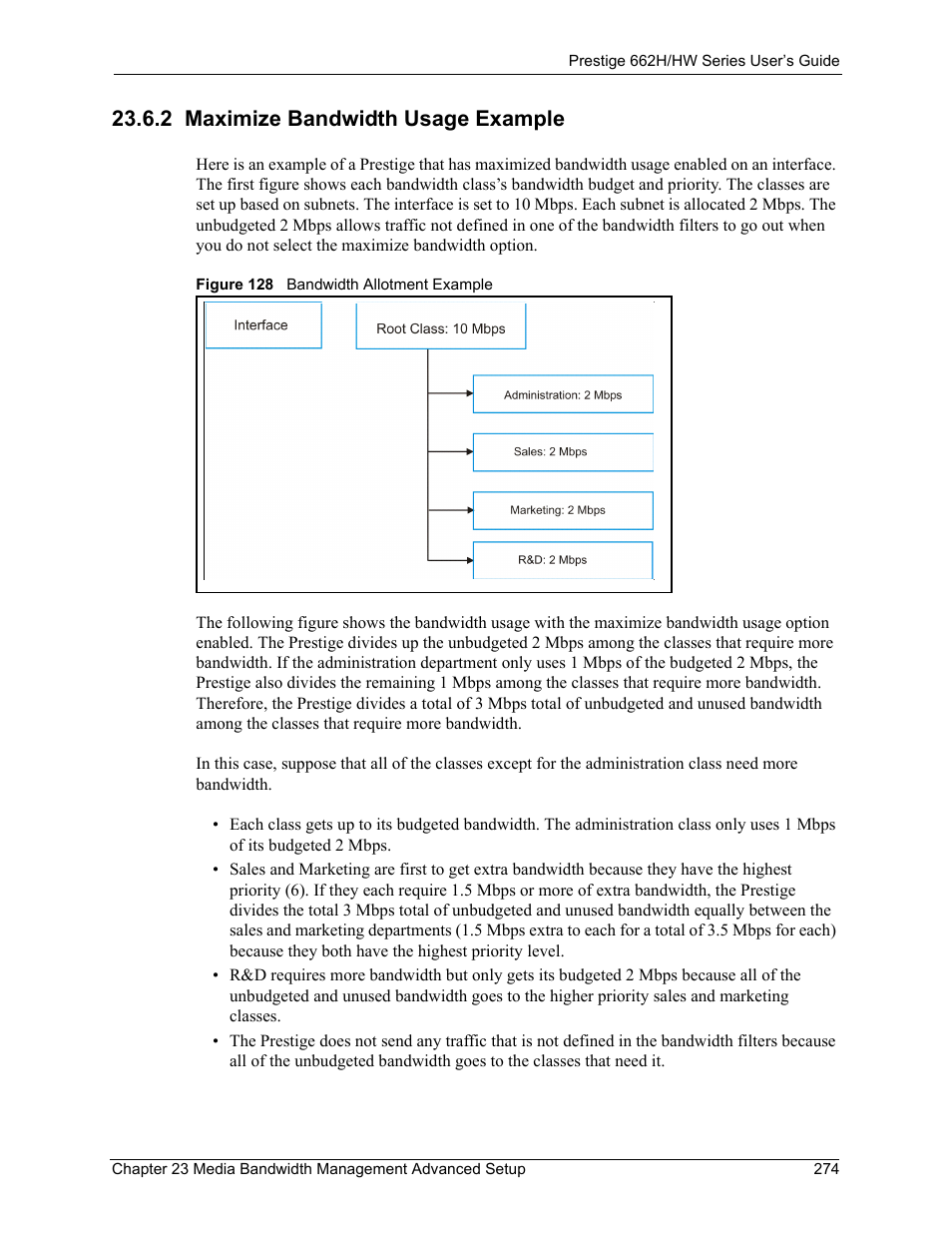 2 maximize bandwidth usage example, Figure 128 bandwidth allotment example | ZyXEL Communications 662HW Series User Manual | Page 274 / 563