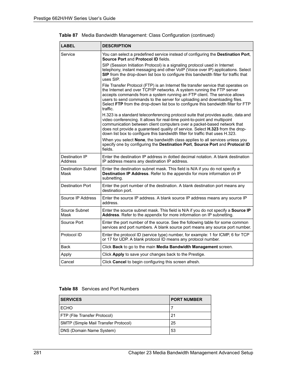 Table 88 services and port numbers | ZyXEL Communications 662HW Series User Manual | Page 281 / 563