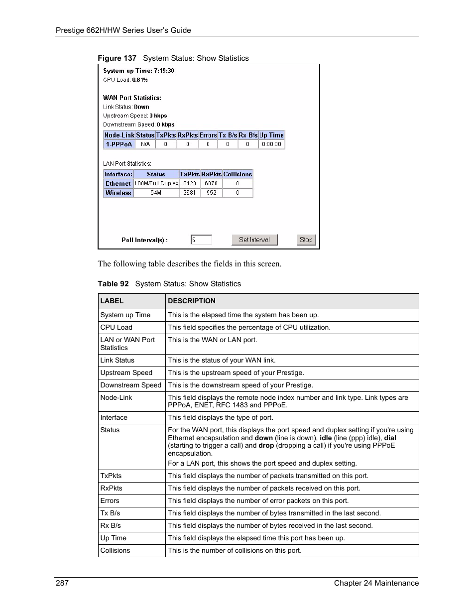 Figure 137 system status: show statistics, Table 92 system status: show statistics | ZyXEL Communications 662HW Series User Manual | Page 287 / 563