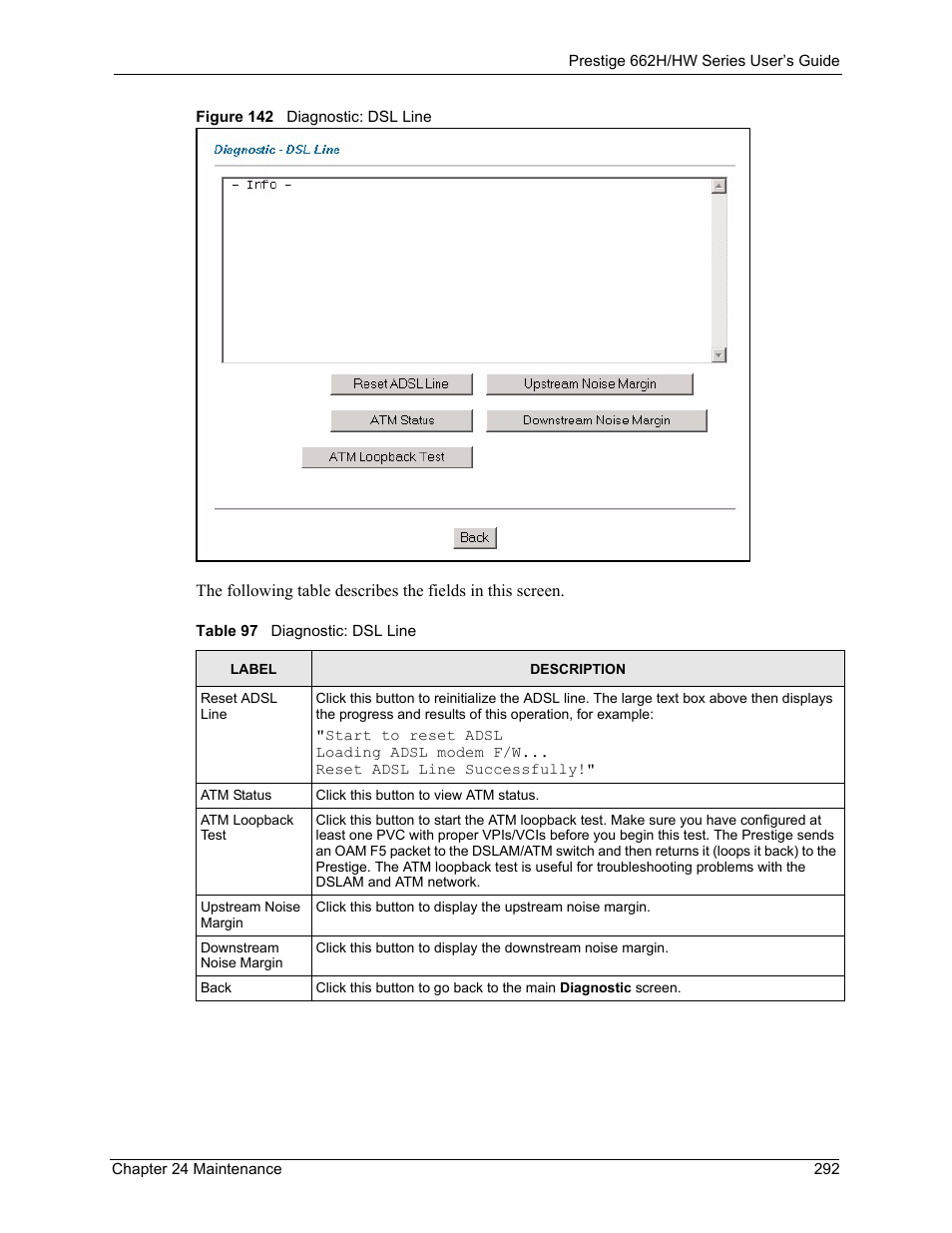 Figure 142 diagnostic: dsl line, Table 97 diagnostic: dsl line | ZyXEL Communications 662HW Series User Manual | Page 292 / 563