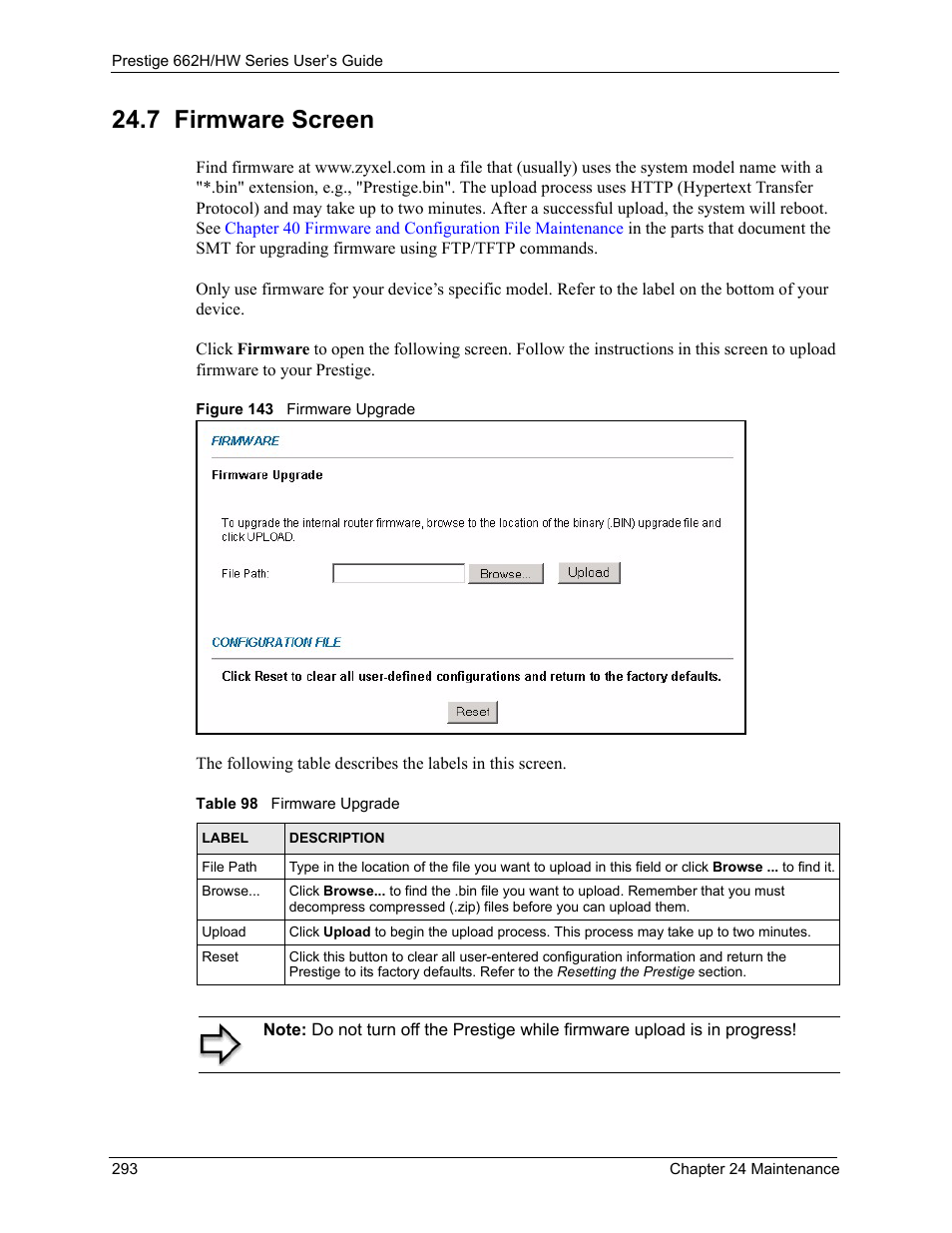 7 firmware screen, Figure 143 firmware upgrade, Table 98 firmware upgrade | ZyXEL Communications 662HW Series User Manual | Page 293 / 563