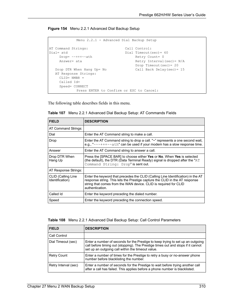 Figure 154 menu 2.2.1 advanced dial backup setup | ZyXEL Communications 662HW Series User Manual | Page 310 / 563