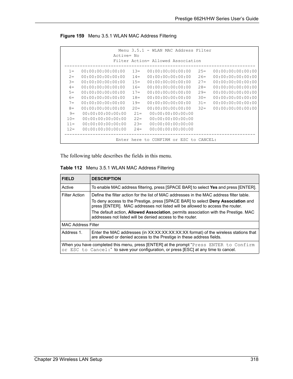 Figure 159 menu 3.5.1 wlan mac address filtering, Table 112 menu 3.5.1 wlan mac address filtering | ZyXEL Communications 662HW Series User Manual | Page 318 / 563
