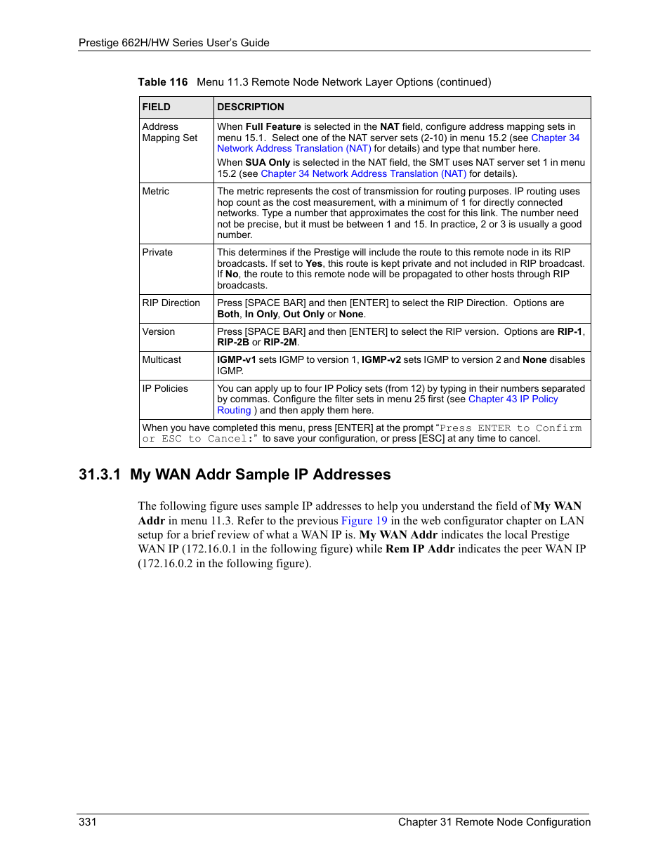1 my wan addr sample ip addresses | ZyXEL Communications 662HW Series User Manual | Page 331 / 563