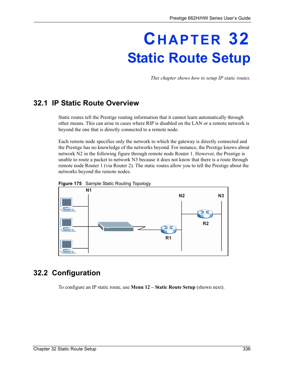 Static route setup, 1 ip static route overview, 2 configuration | Chapter 32 static route setup, 1 ip static route overview 32.2 configuration, Figure 175 sample static routing topology | ZyXEL Communications 662HW Series User Manual | Page 336 / 563