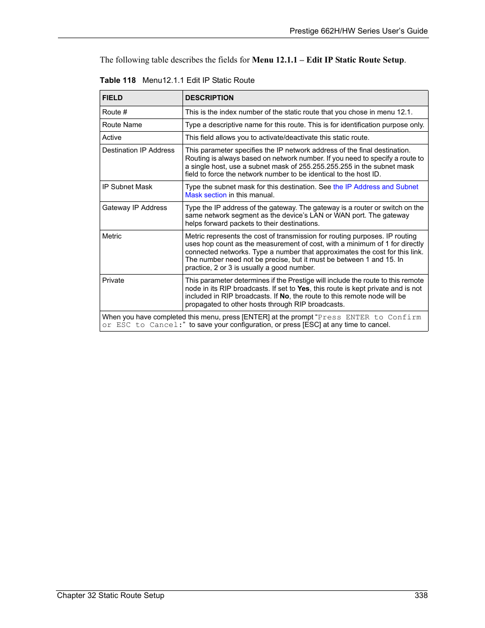 Table 118 menu12.1.1 edit ip static route | ZyXEL Communications 662HW Series User Manual | Page 338 / 563