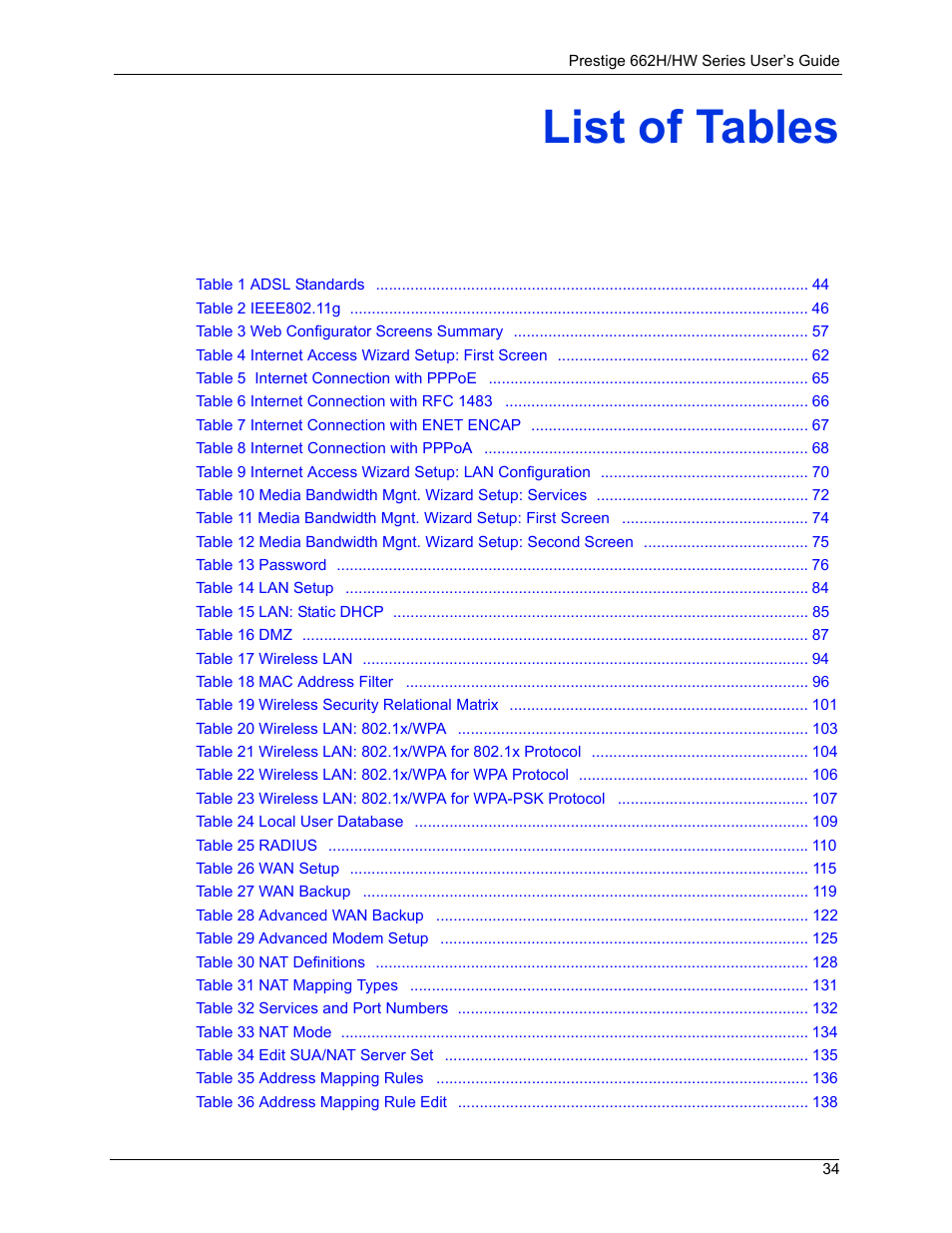 List of tables | ZyXEL Communications 662HW Series User Manual | Page 34 / 563