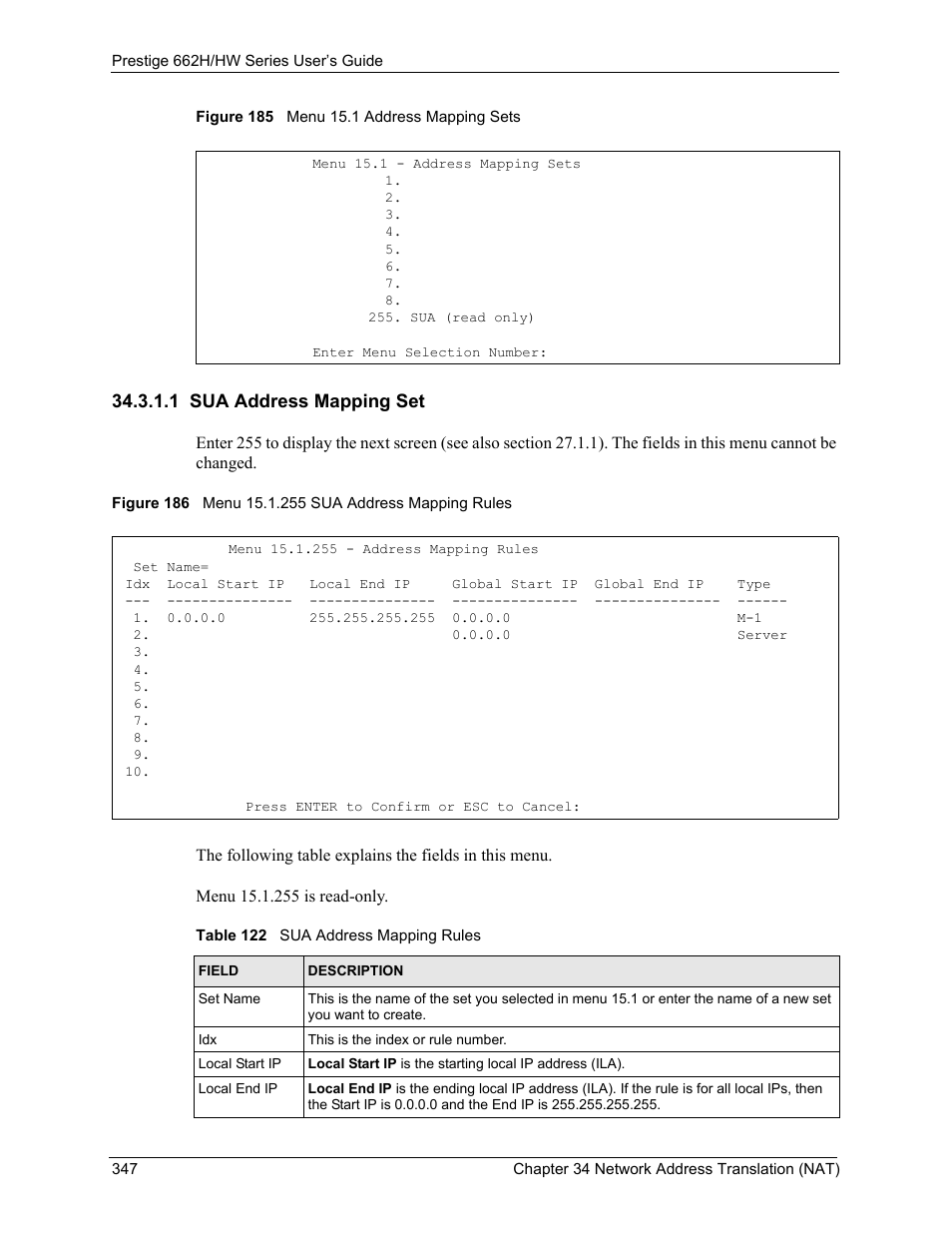 1 sua address mapping set, Table 122 sua address mapping rules, Eld (see | Figure 185, Ing set 255 (see, Figure 186 | ZyXEL Communications 662HW Series User Manual | Page 347 / 563