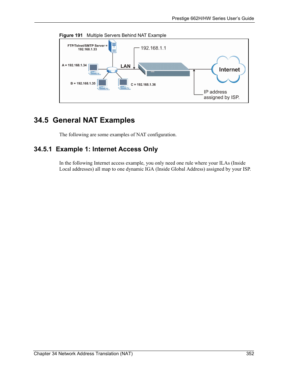 5 general nat examples, 1 example 1: internet access only, Figure 191 multiple servers behind nat example | ZyXEL Communications 662HW Series User Manual | Page 352 / 563