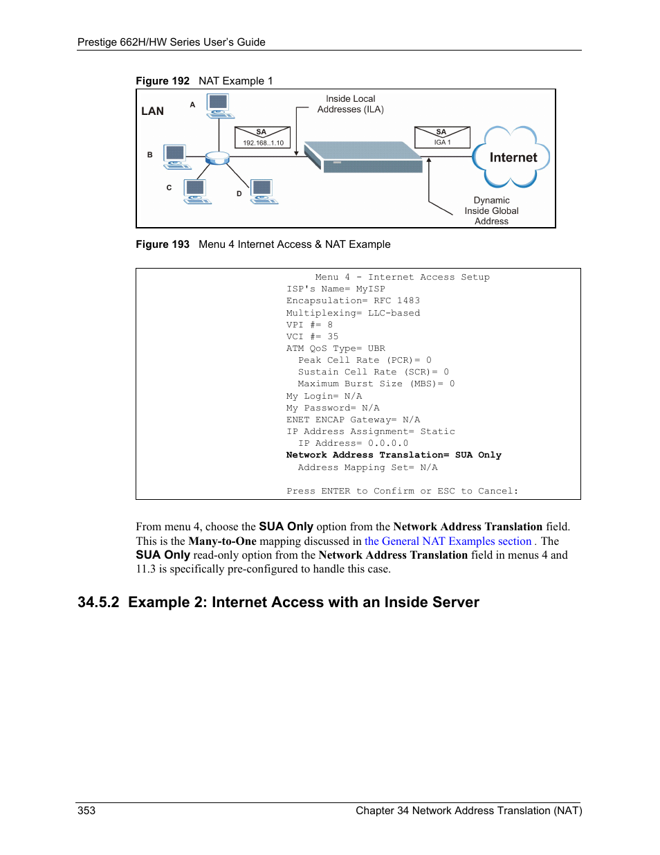 2 example 2: internet access with an inside server | ZyXEL Communications 662HW Series User Manual | Page 353 / 563