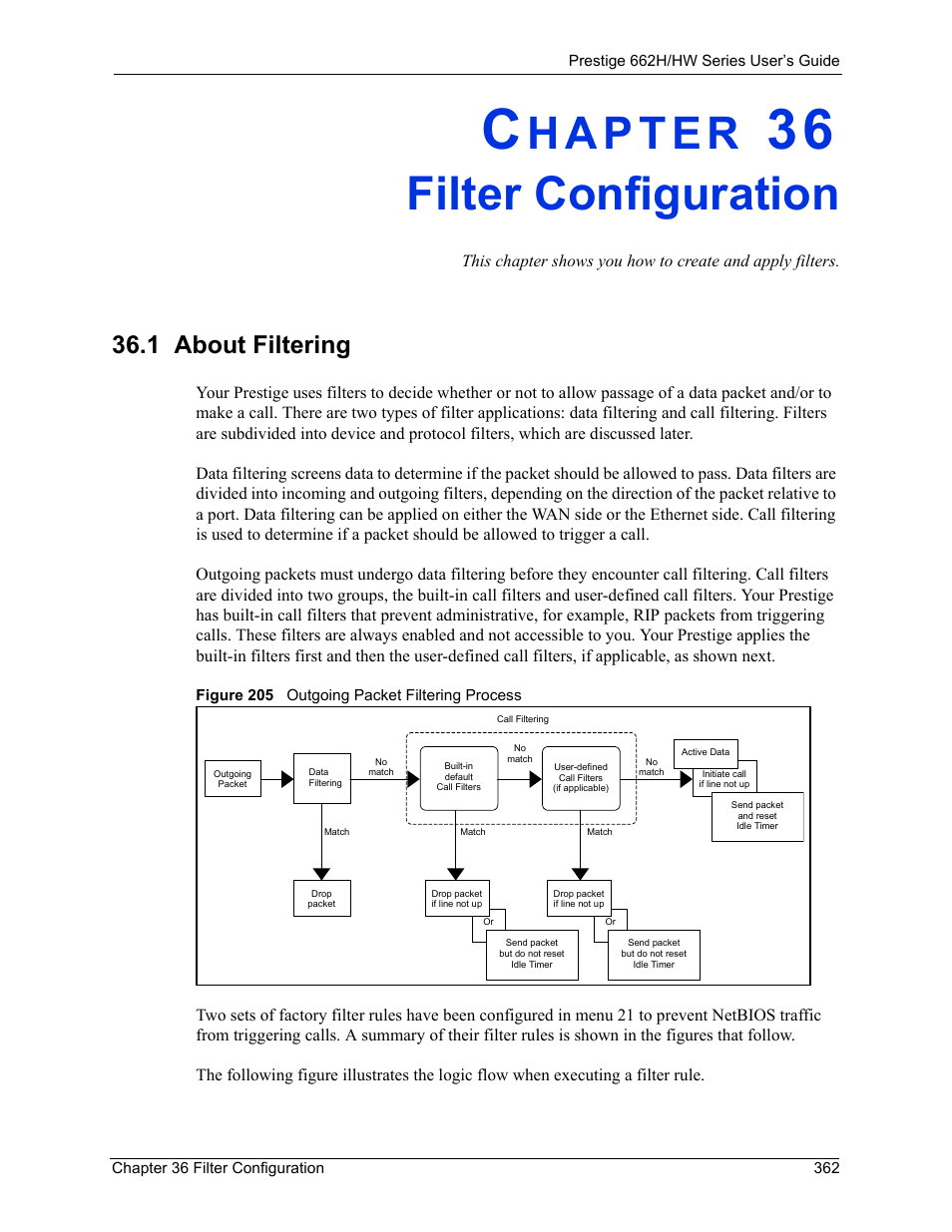 Filter configuration, 1 about filtering, Chapter 36 filter configuration | Figure 205 outgoing packet filtering process | ZyXEL Communications 662HW Series User Manual | Page 362 / 563