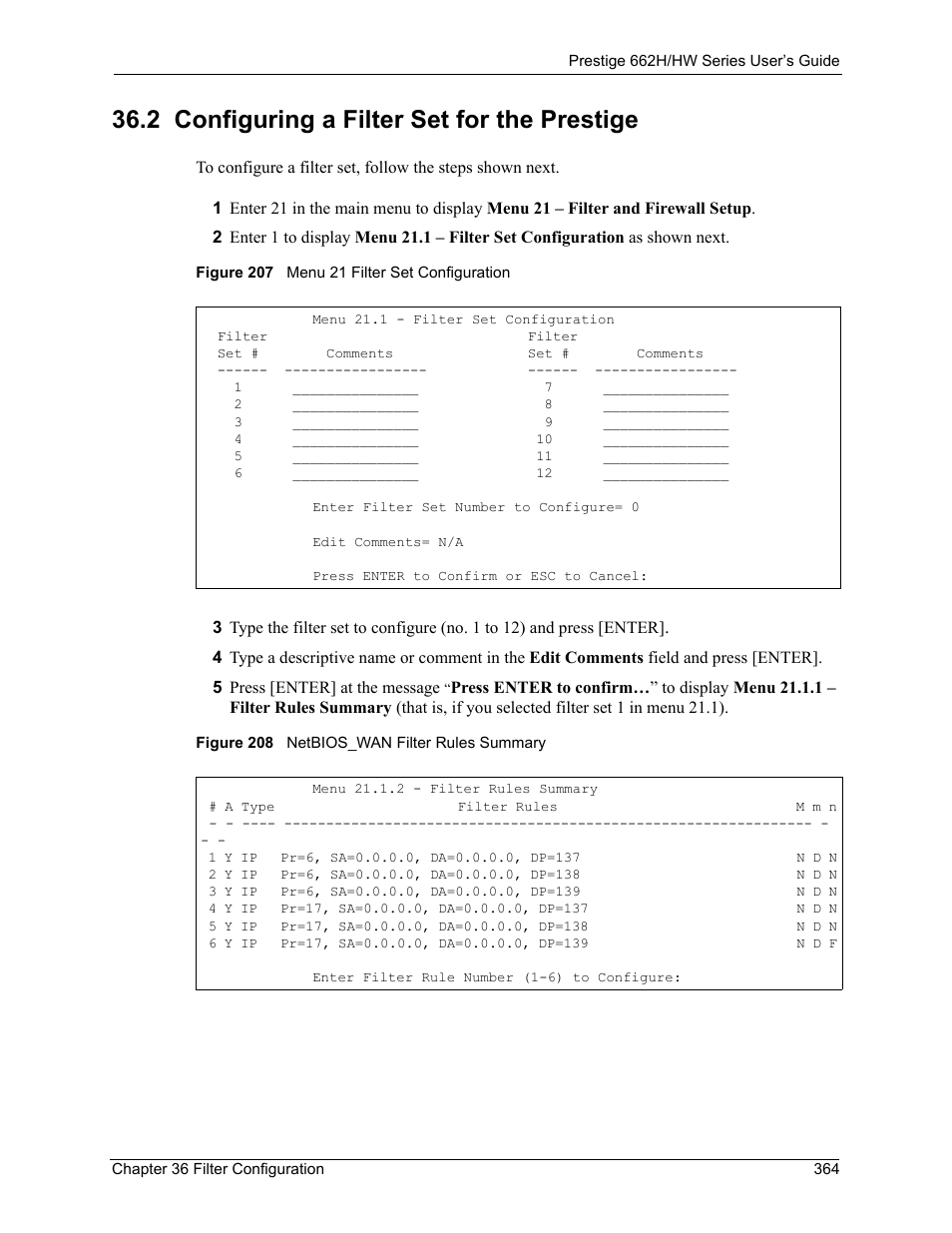 2 configuring a filter set for the prestige | ZyXEL Communications 662HW Series User Manual | Page 364 / 563
