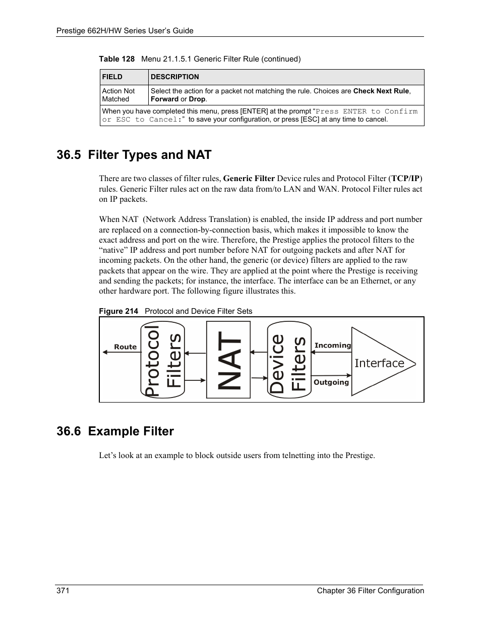 5 filter types and nat, 6 example filter, 5 filter types and nat 36.6 example filter | Figure 214 protocol and device filter sets | ZyXEL Communications 662HW Series User Manual | Page 371 / 563