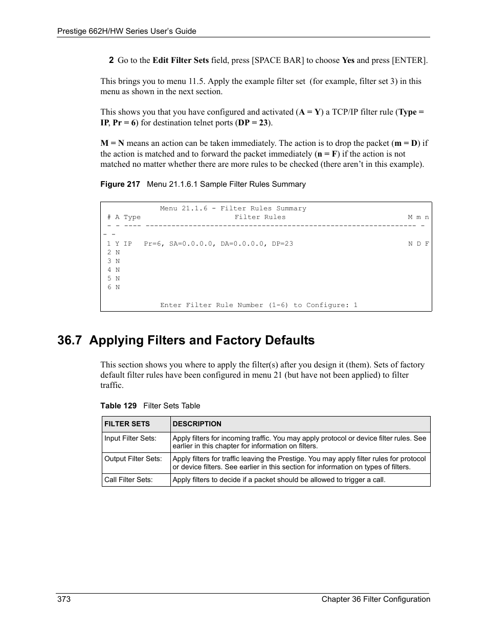 7 applying filters and factory defaults, Table 129 filter sets table | ZyXEL Communications 662HW Series User Manual | Page 373 / 563