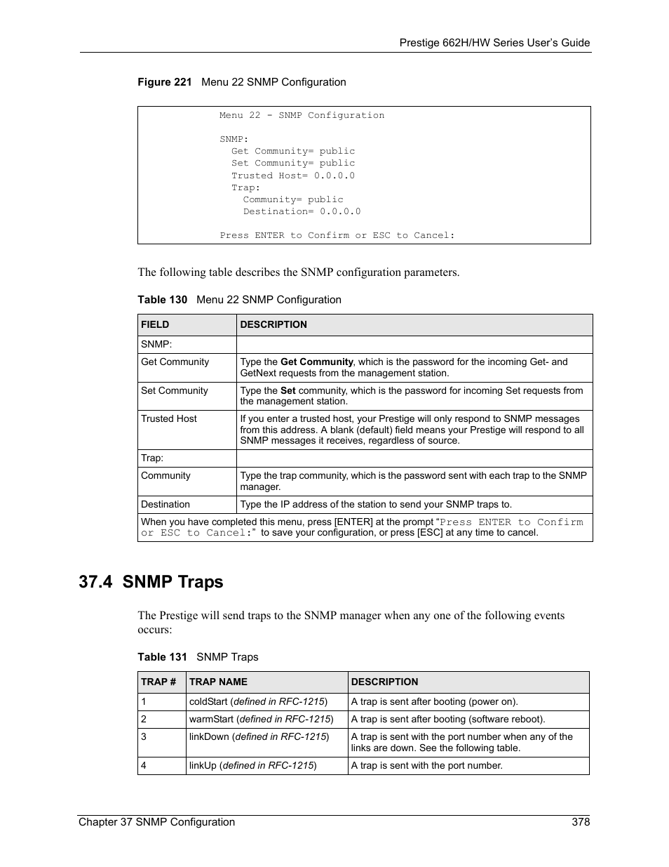 4 snmp traps, Figure 221 menu 22 snmp configuration | ZyXEL Communications 662HW Series User Manual | Page 378 / 563