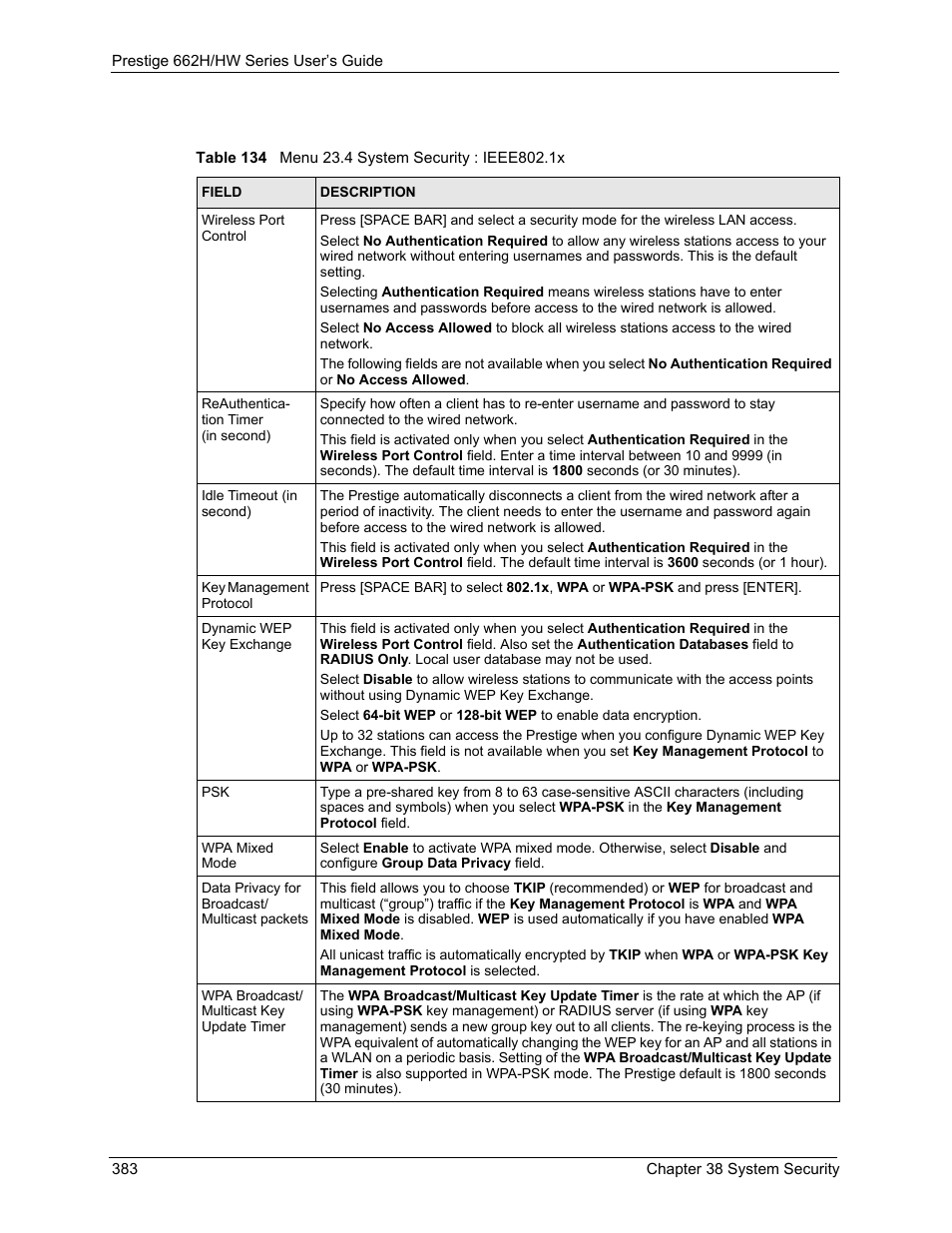 Table 134 menu 23.4 system security : ieee802.1x | ZyXEL Communications 662HW Series User Manual | Page 383 / 563