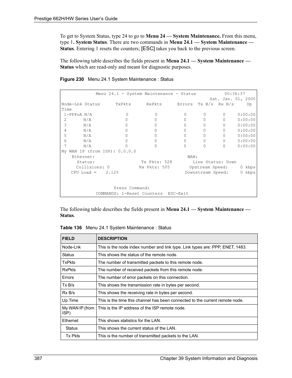 Figure 230 menu 24.1 system maintenance : status, Table 136 menu 24.1 system maintenance : status | ZyXEL Communications 662HW Series User Manual | Page 387 / 563