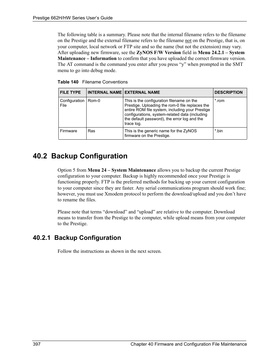 2 backup configuration, 1 backup configuration, Table 140 filename conventions | ZyXEL Communications 662HW Series User Manual | Page 397 / 563