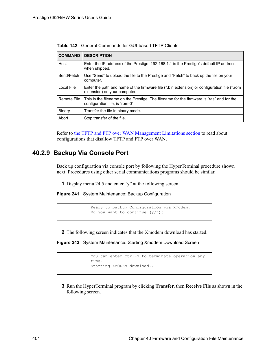 9 backup via console port | ZyXEL Communications 662HW Series User Manual | Page 401 / 563