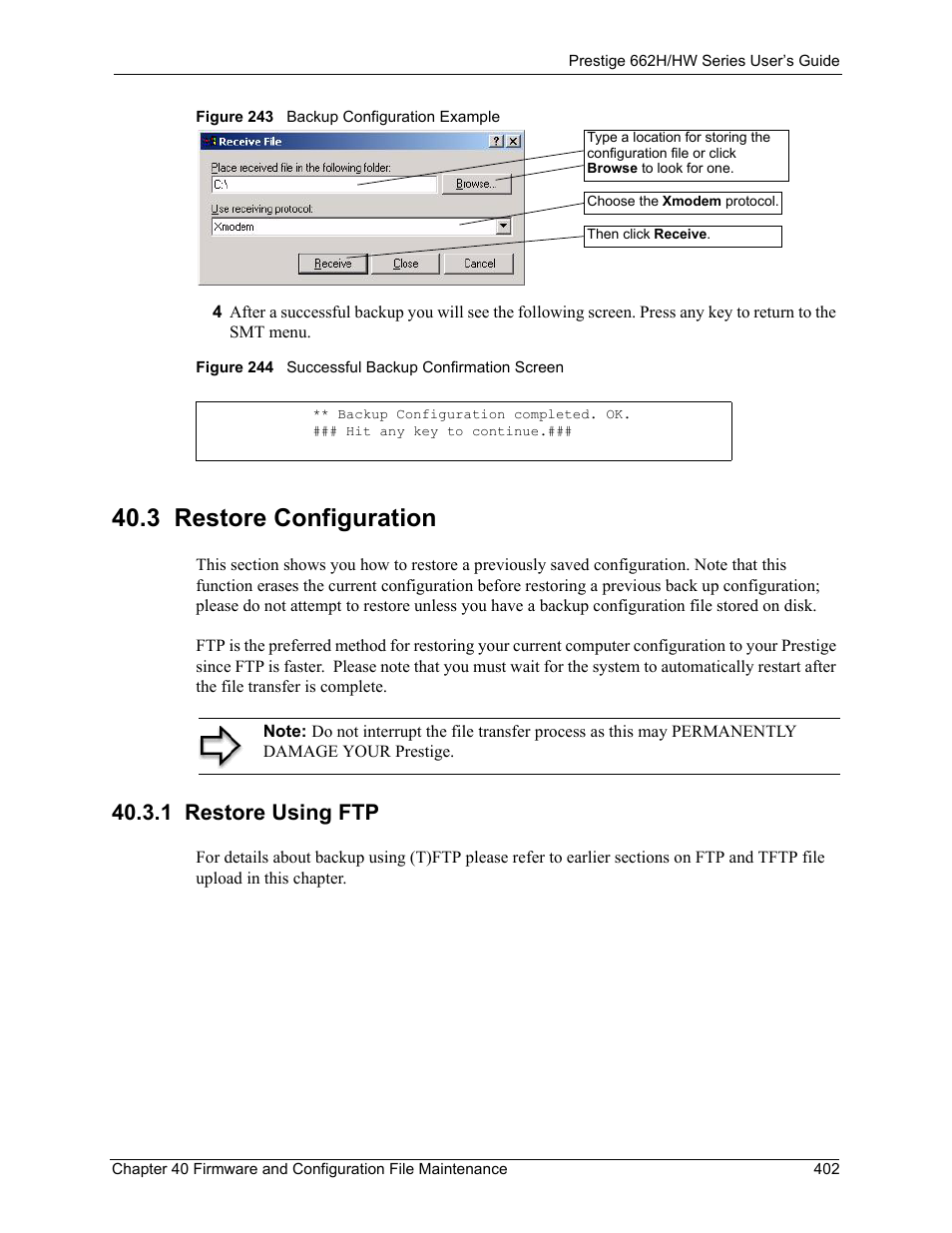 3 restore configuration, 1 restore using ftp | ZyXEL Communications 662HW Series User Manual | Page 402 / 563