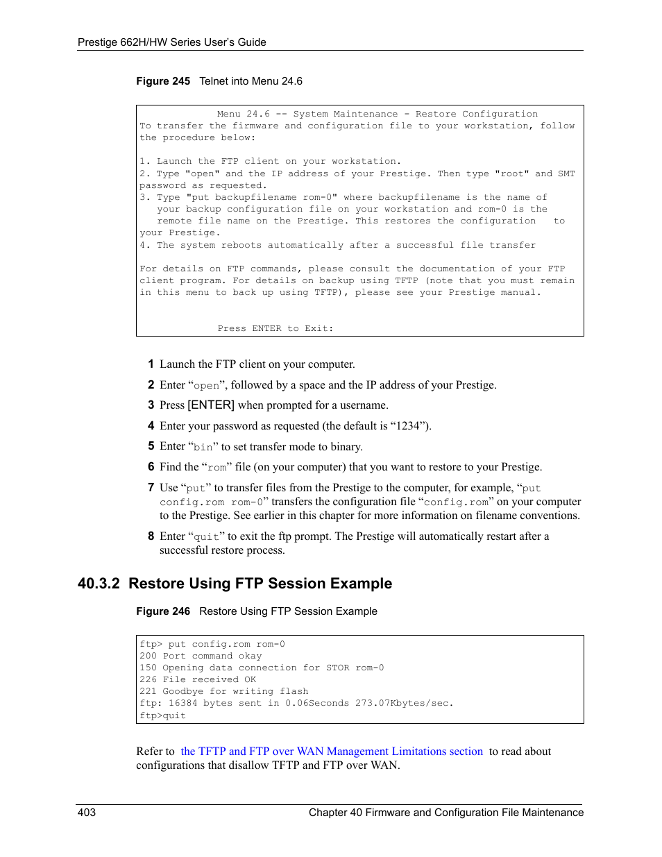 2 restore using ftp session example | ZyXEL Communications 662HW Series User Manual | Page 403 / 563