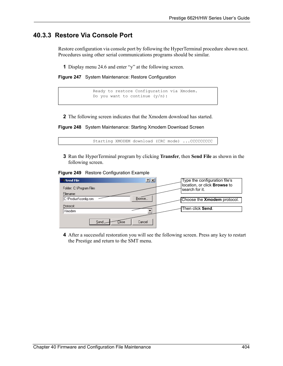 3 restore via console port | ZyXEL Communications 662HW Series User Manual | Page 404 / 563