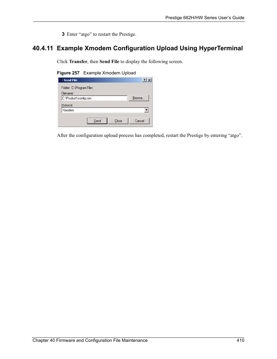 Figure 257 example xmodem upload | ZyXEL Communications 662HW Series User Manual | Page 410 / 563