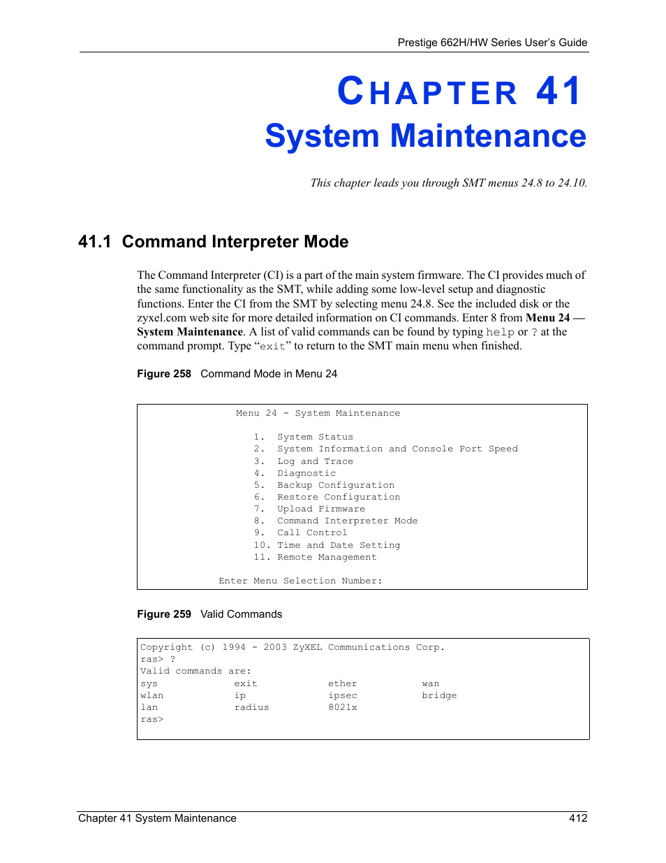System maintenance, 1 command interpreter mode, Chapter 41 system maintenance | ZyXEL Communications 662HW Series User Manual | Page 412 / 563