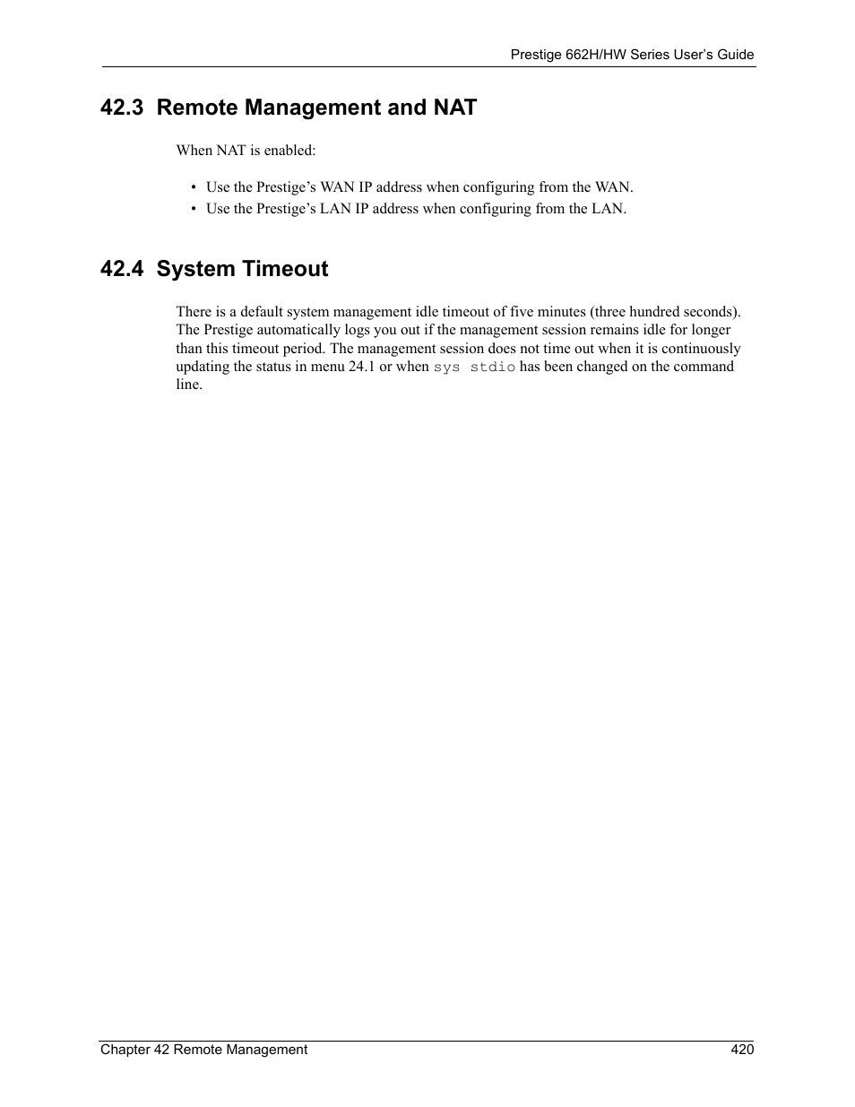 3 remote management and nat, 4 system timeout, 3 remote management and nat 42.4 system timeout | ZyXEL Communications 662HW Series User Manual | Page 420 / 563