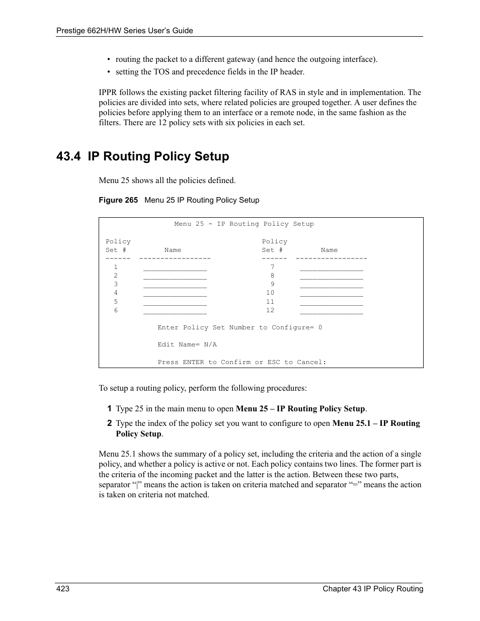 4 ip routing policy setup, Figure 265 menu 25 ip routing policy setup | ZyXEL Communications 662HW Series User Manual | Page 423 / 563