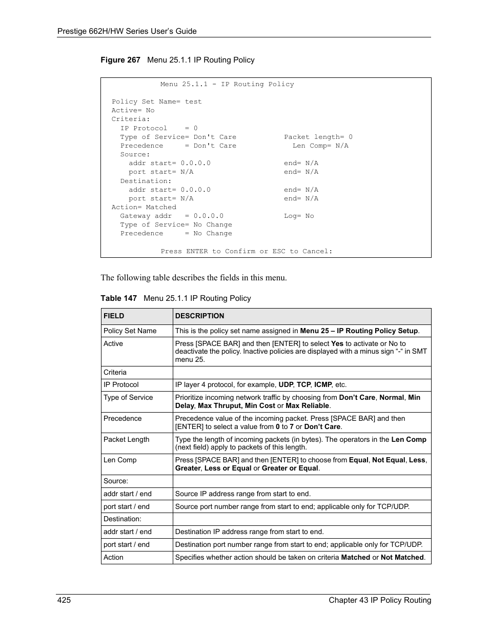 Figure 267 menu 25.1.1 ip routing policy, Table 147 menu 25.1.1 ip routing policy | ZyXEL Communications 662HW Series User Manual | Page 425 / 563