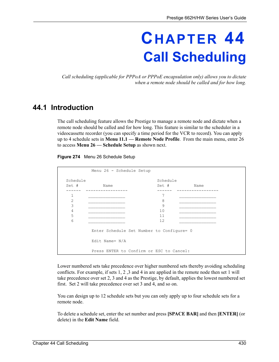Call scheduling, 1 introduction, Chapter 44 call scheduling | Figure 274 menu 26 schedule setup | ZyXEL Communications 662HW Series User Manual | Page 430 / 563