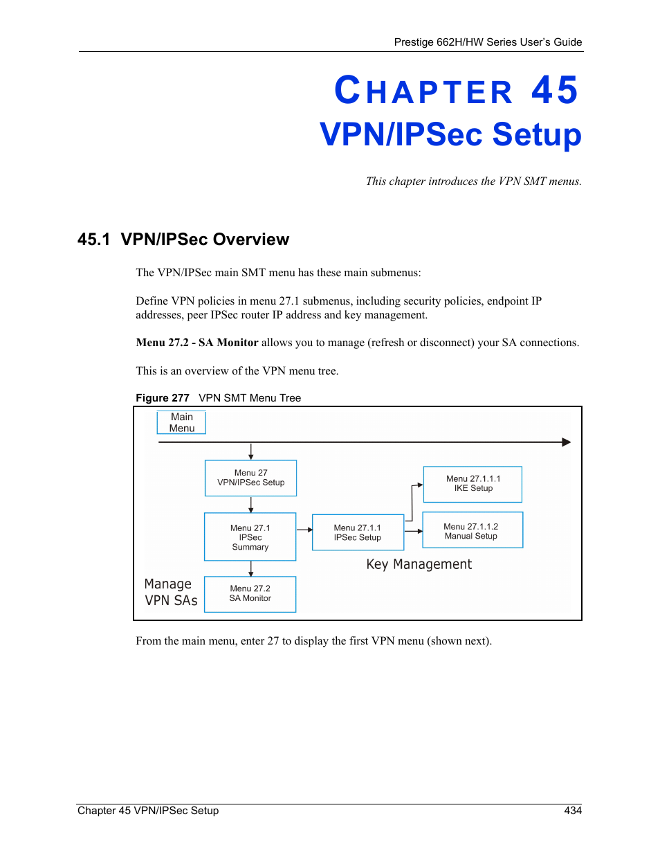 Vpn/ipsec setup, 1 vpn/ipsec overview, Chapter 45 vpn/ipsec setup | Figure 277 vpn smt menu tree | ZyXEL Communications 662HW Series User Manual | Page 434 / 563
