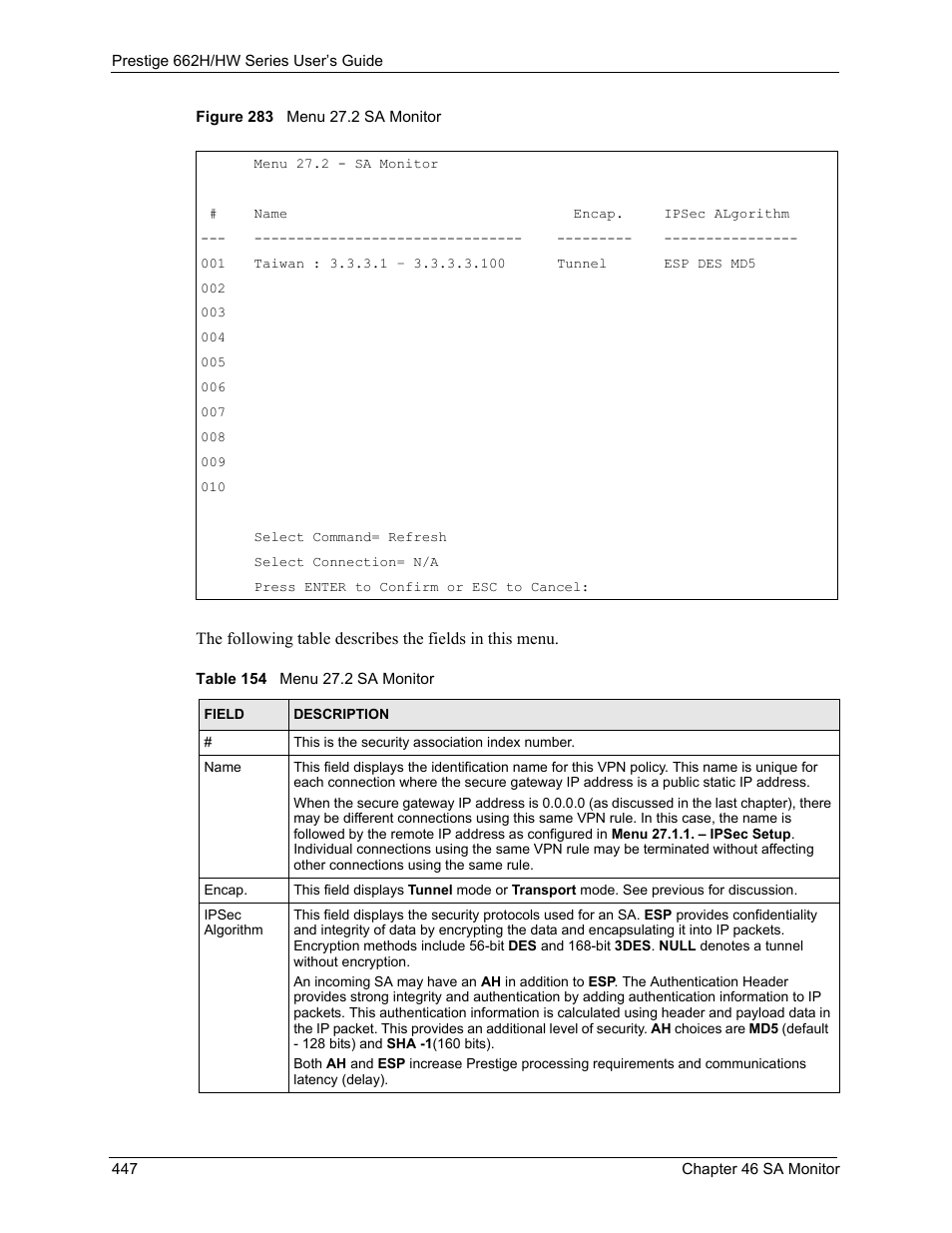 Figure 283 menu 27.2 sa monitor, Table 154 menu 27.2 sa monitor | ZyXEL Communications 662HW Series User Manual | Page 447 / 563