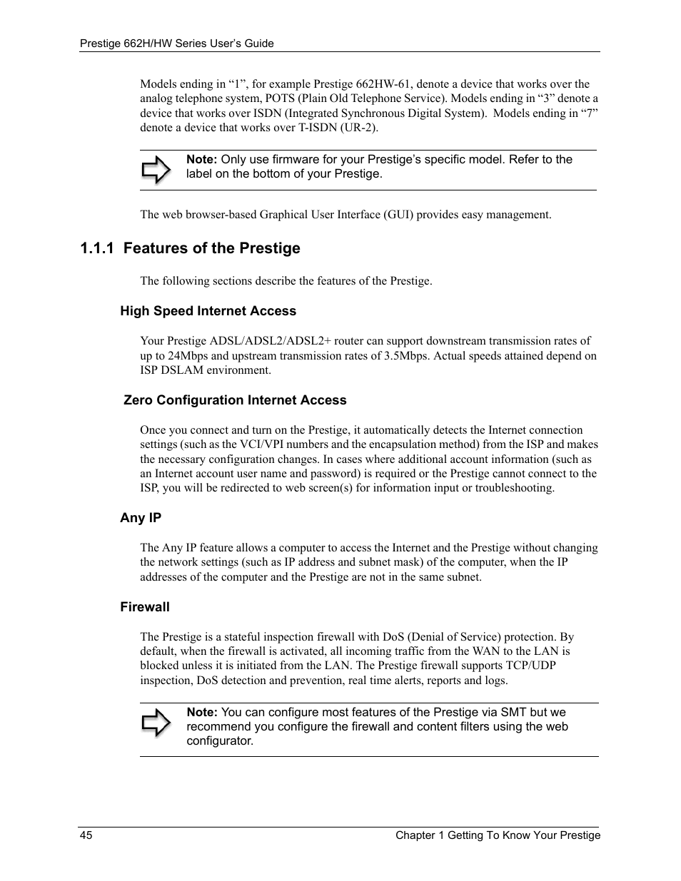 1 features of the prestige | ZyXEL Communications 662HW Series User Manual | Page 45 / 563