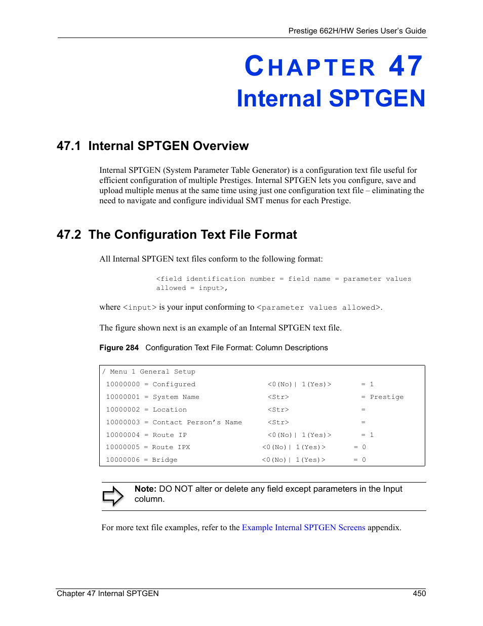 Internal sptgen, 1 internal sptgen overview, 2 the configuration text file format | Chapter 47 internal sptgen | ZyXEL Communications 662HW Series User Manual | Page 450 / 563