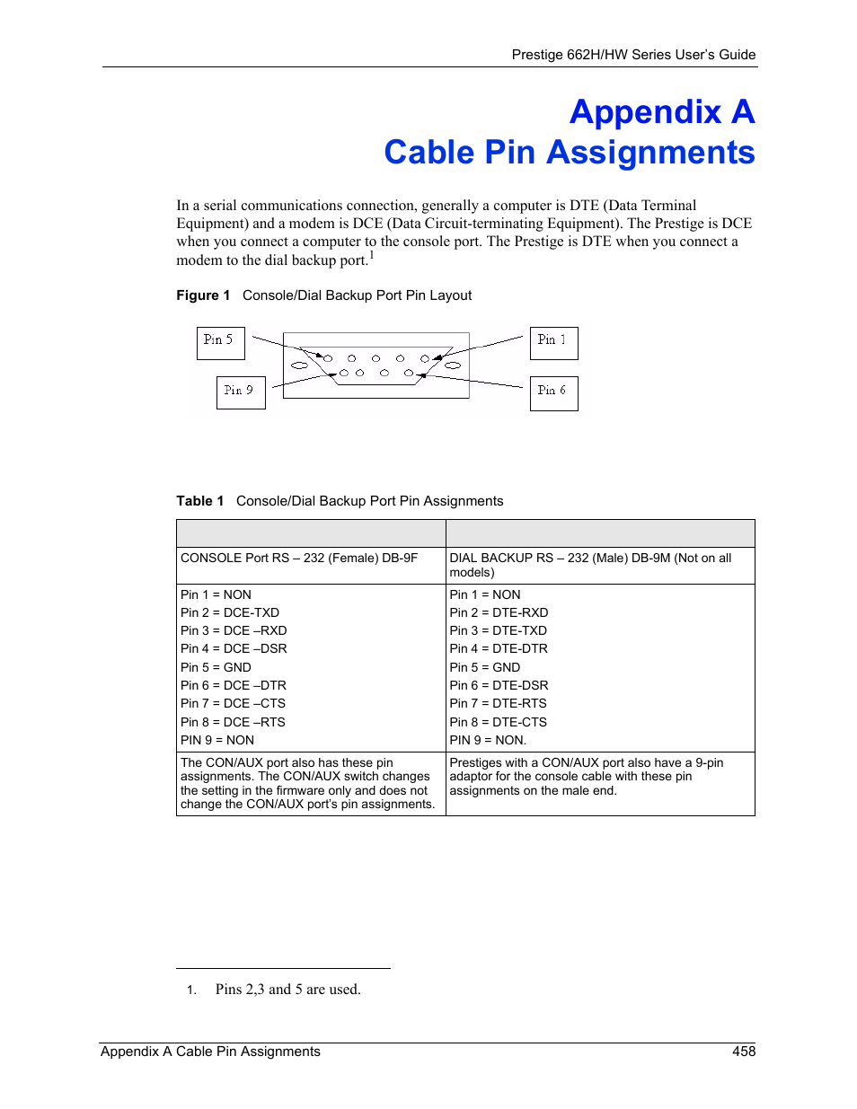 Cable pin assignments, Appendix a cable pin assignments, Figure 1 console/dial backup port pin layout | Table 1 console/dial backup port pin assignments | ZyXEL Communications 662HW Series User Manual | Page 458 / 563